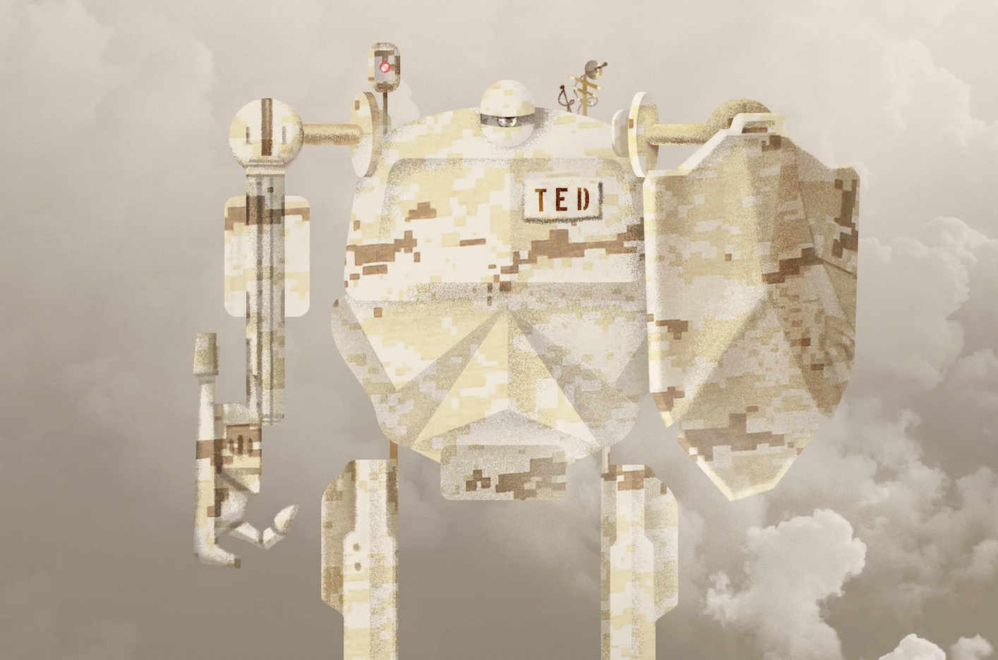 An illustration of a heavily armed robotic soldier in beige-and-brown camo, holding a weapon and a shield.