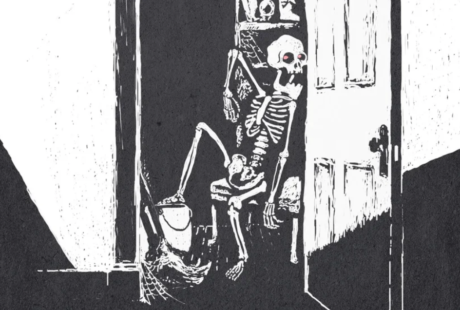 A black-and-white illustration of a skeleton crumpled to the ground in a closet.