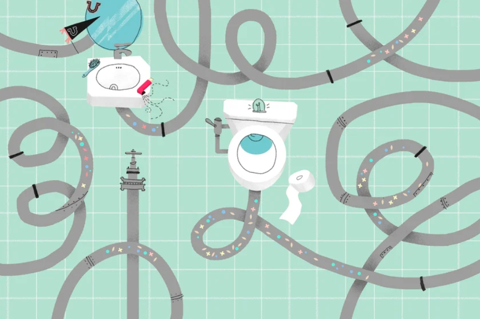 An illustration of a snaking nest of pipes connecting a toilet, a sink, and other destinations. In the pipes are little cartoony, colorful renderings of molecules.