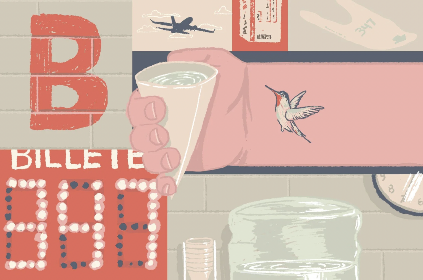 A collection of disparate images in a grid: an upper-case letter B, a lighted number sign denoting your place in line, a water cooler and hand holding a paper conical cup, an airplane, a hummingbird.