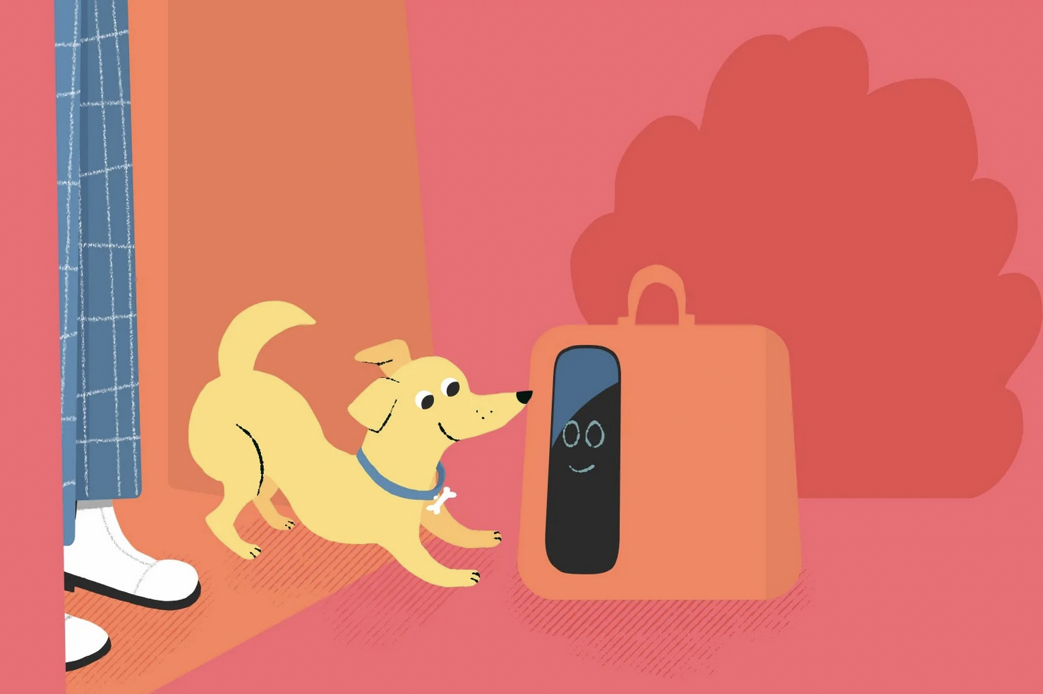 An illustration in vivid, warm colors of a dog happily sniffing an orange cube with a little digital smiley-face on it.