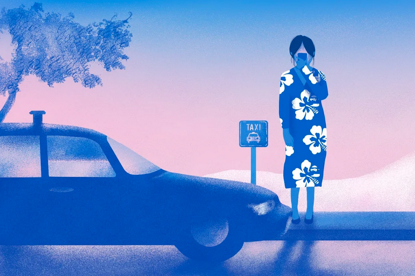 
		An illustration in blues and pinks, showing a woman in a flowery garment, her phone held in front of her face, standing at the side of a road as a car pulls up.		