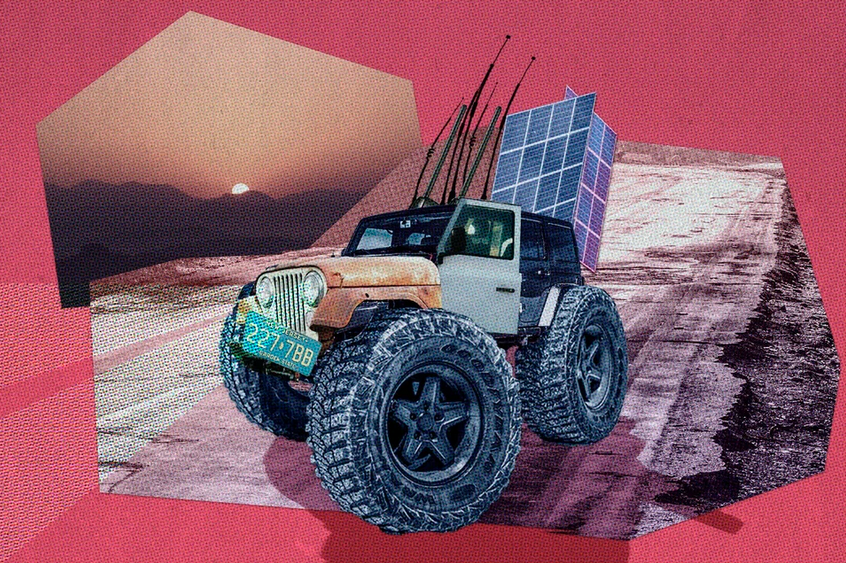 A cobbled-together jeep with huge wheels, solar panels, and towering antennas rolls through a desert landscape.