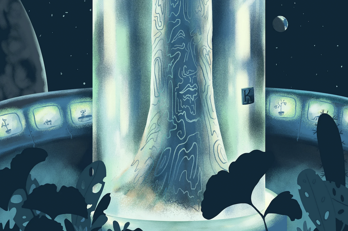 An illustration of a tree covered in strange glowing lines, encased in a transparent chamber, situated in the middle of what looks to be a space station.