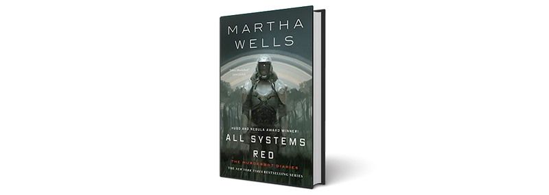 The book All Systems Red by Martha Wells, standing up against a white background.