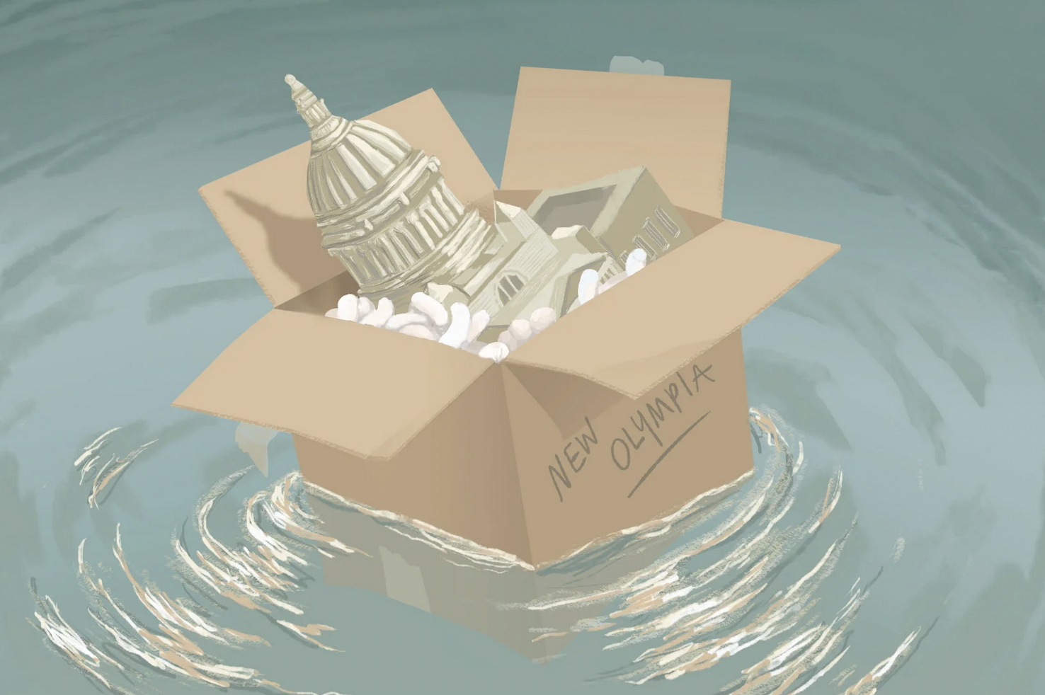 An illustration of a state house building in a cardboard box labeled New Olympia, floating in water.